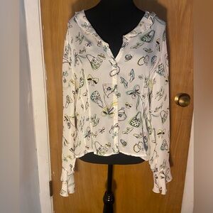 Petite Sophisticate White Fashion Print Button Down Ruffle Blouse Size 16